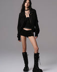 Low pixel Buckled Stand Collar Cropped Utility Jacket