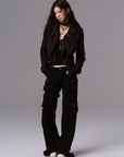 Low pixel Buckled Stand Collar Cropped Utility Jacket