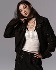 Low pixel Buckled Stand Collar Cropped Utility Jacket
