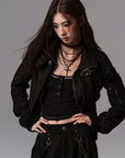 Low pixel Buckled Stand Collar Cropped Utility Jacket