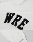 WARDEN EDGE ダメージ加工の大胆なWREロゴ入りオーバーサイズニットセーター