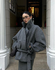 ROVENTE Structured Wool-Blend Cropped Coat with Wrap Belt & Statement High Collar