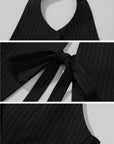 ROVENTE Backless Pinstripe Halter Vest with Front Tie in Black - PINKPARKS