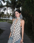 ROVENTE Draped Plaid Halter Top with Open Back - PINKPARKS