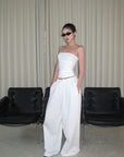 ROVENTE Drawstring Wide-Leg Trousers in White - PINKPARKS