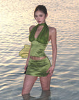 ROVENTE Satin Mesh-Drape Halter Top & Micro Mini Skirt Set - PINKPARKS