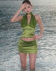 ROVENTE Satin Mesh-Drape Halter Top & Micro Mini Skirt Set - PINKPARKS
