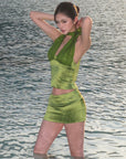 ROVENTE Satin Mesh-Drape Halter Top & Micro Mini Skirt Set - PINKPARKS