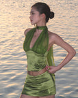 ROVENTE Satin Mesh-Drape Halter Top & Micro Mini Skirt Set - PINKPARKS