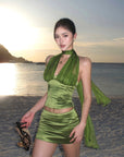 ROVENTE Satin Mesh-Drape Halter Top & Micro Mini Skirt Set - PINKPARKS