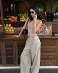 ROVENTE Asymmetric Waist Wide-Leg Trousers - PINKPARKS