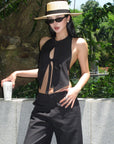 ROVENTE Backless Pinstripe Halter Vest with Front Tie in Black - PINKPARKS