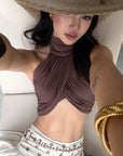 ROVENTE Cross-Drape Halter Top with High Neck Twist Detail - PINKPARKS