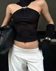 ROVENTE Black Halterneck Top with Metal Clasp - PINKPARKS