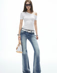 IAMXIAA Vintage Washed Flare Jeans Low Waist Denim with Retro Y2K Street Style