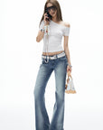 IAMXIAA Vintage Washed Flare Jeans Low Waist Denim with Retro Y2K Street Style