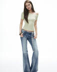 IAMXIAA Vintage Washed Flare Jeans Low Waist Denim with Retro Y2K Street Style