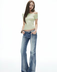 IAMXIAA Vintage Washed Flare Jeans Low Waist Denim with Retro Y2K Street Style