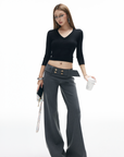 IAMXIAA Knit Cropped V Neck Sweater