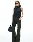 IAMXIAA Flared Casual Pants with Double Button Waist in Olive Green