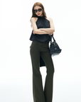 IAMXIAA Flared Casual Pants with Double Button Waist in Olive Green