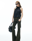 IAMXIAA Flared Casual Pants with Double Button Waist in Olive Green