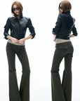 IAMXIAA Flared Casual Pants with Double Button Waist in Olive Green