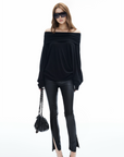 IAMXIAA Off Shoulder Knit Top Long Sleeve Pullover