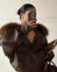 ROVENTE Detachable Fur Collar Leather Jacket