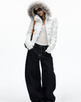 IAMXIAA Cropped Puffer Jacket with Faux Fur Hood and Button Detail