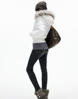 IAMXIAA Cropped Puffer Jacket with Faux Fur Hood and Button Detail