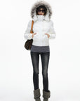 IAMXIAA Cropped Puffer Jacket with Faux Fur Hood and Button Detail