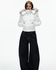 IAMXIAA Cropped Puffer Jacket with Faux Fur Hood and Button Detail
