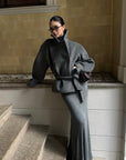 ROVENTE Structured Wool-Blend Cropped Coat with Wrap Belt & Statement High Collar