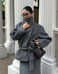 ROVENTE Structured Wool-Blend Cropped Coat with Wrap Belt & Statement High Collar