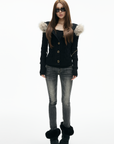 IAMXIAA Faux-Fur Hood Cable Knit Hoodie