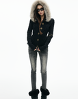 IAMXIAA Faux-Fur Hood Cable Knit Hoodie