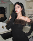 ROVENTE Faux Fur Off-Shoulder Long Dress