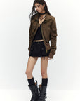 Low pixel Buckled Stand Collar Cropped Utility Jacket