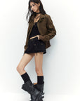 Low pixel Buckled Stand Collar Cropped Utility Jacket