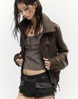 Low pixel Distressed Utility Cropped Zip Jacket