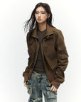 Low pixel Buckled Stand Collar Cropped Utility Jacket