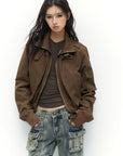 Low pixel Buckled Stand Collar Cropped Utility Jacket