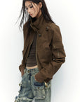 Low pixel Buckled Stand Collar Cropped Utility Jacket