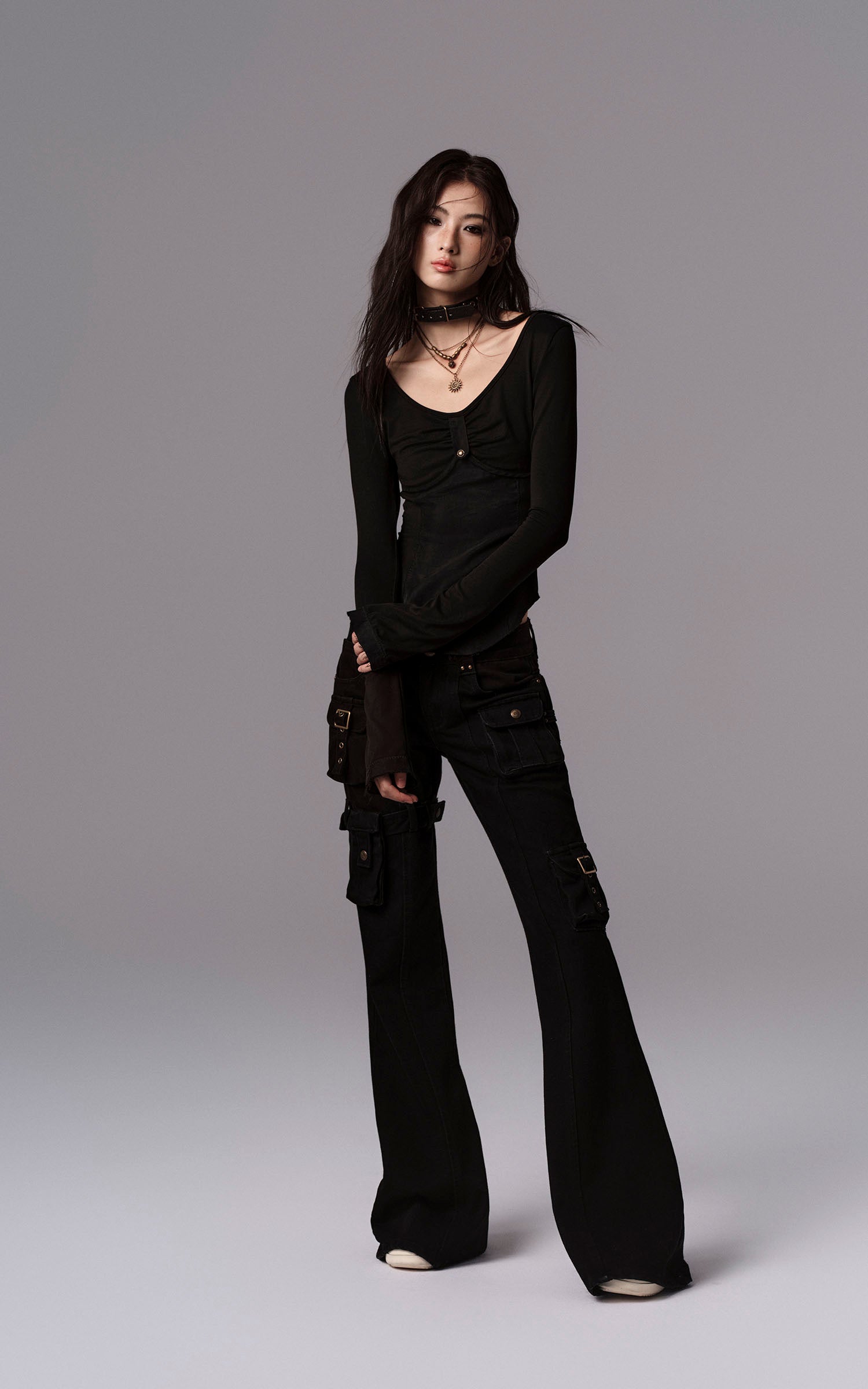 Low pixel 取り外し可能なポケット付きフレアデニムパンツ