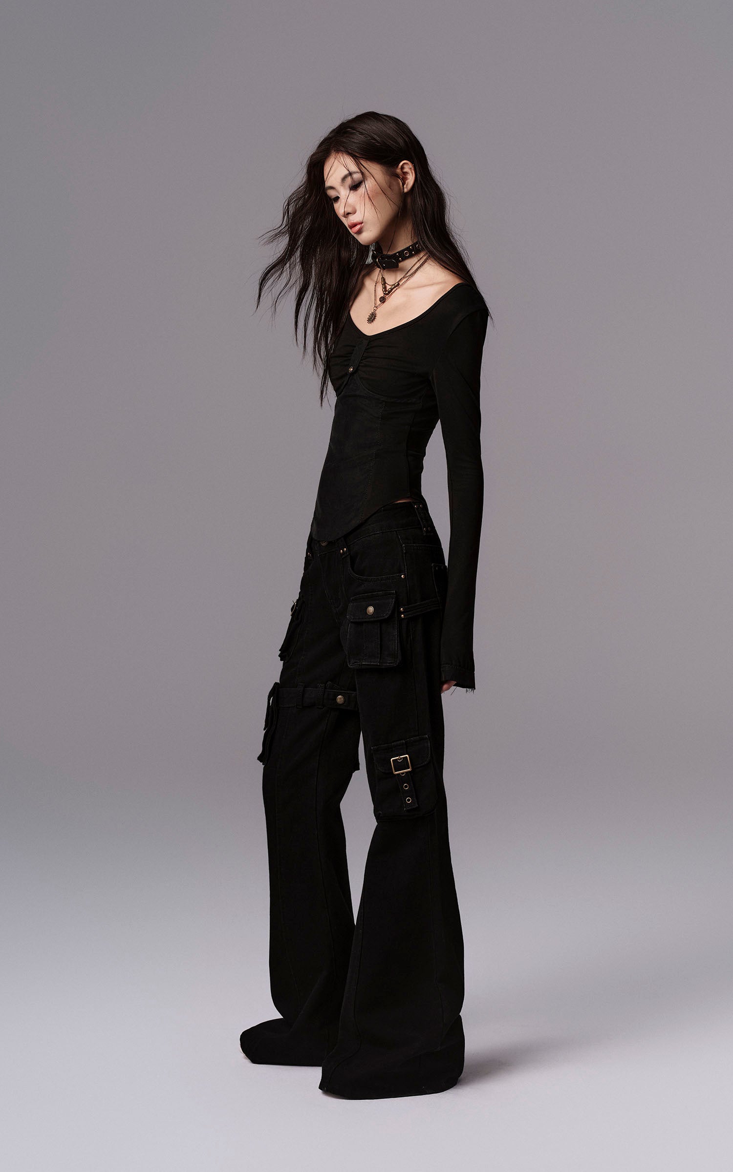 Low pixel 取り外し可能なポケット付きフレアデニムパンツ