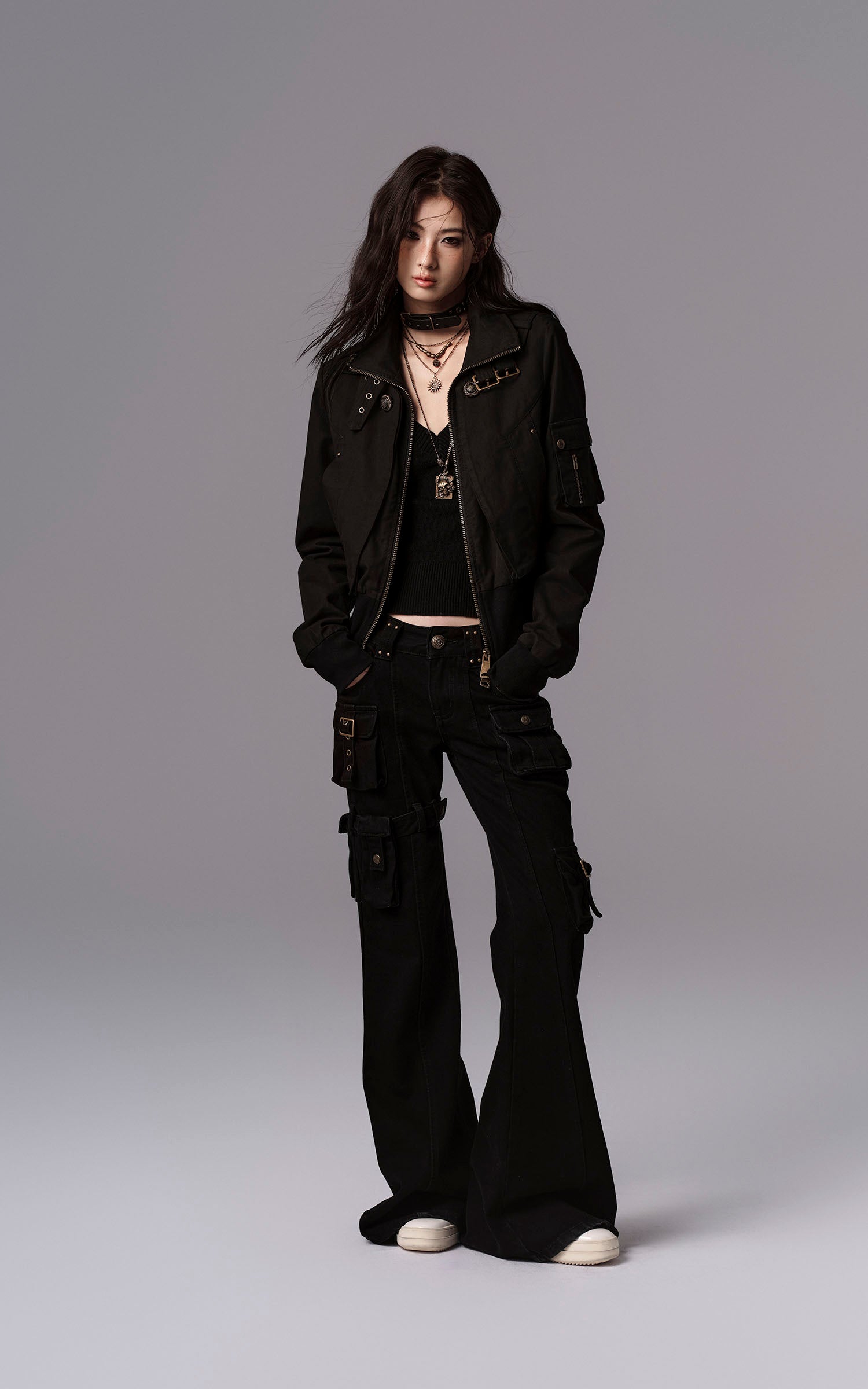 Low pixel Buckled Stand Collar Cropped Utility Jacket