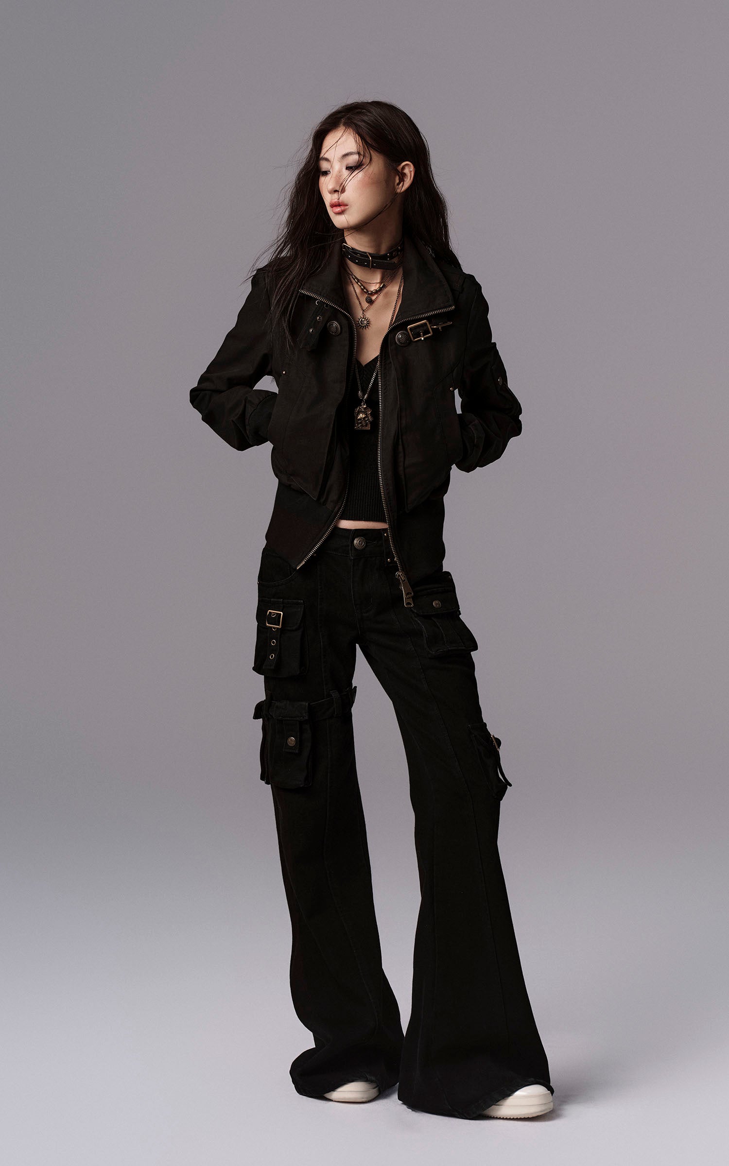 Low pixel ディープVスリムフィットテクスチャーニットロングスリーブトップ