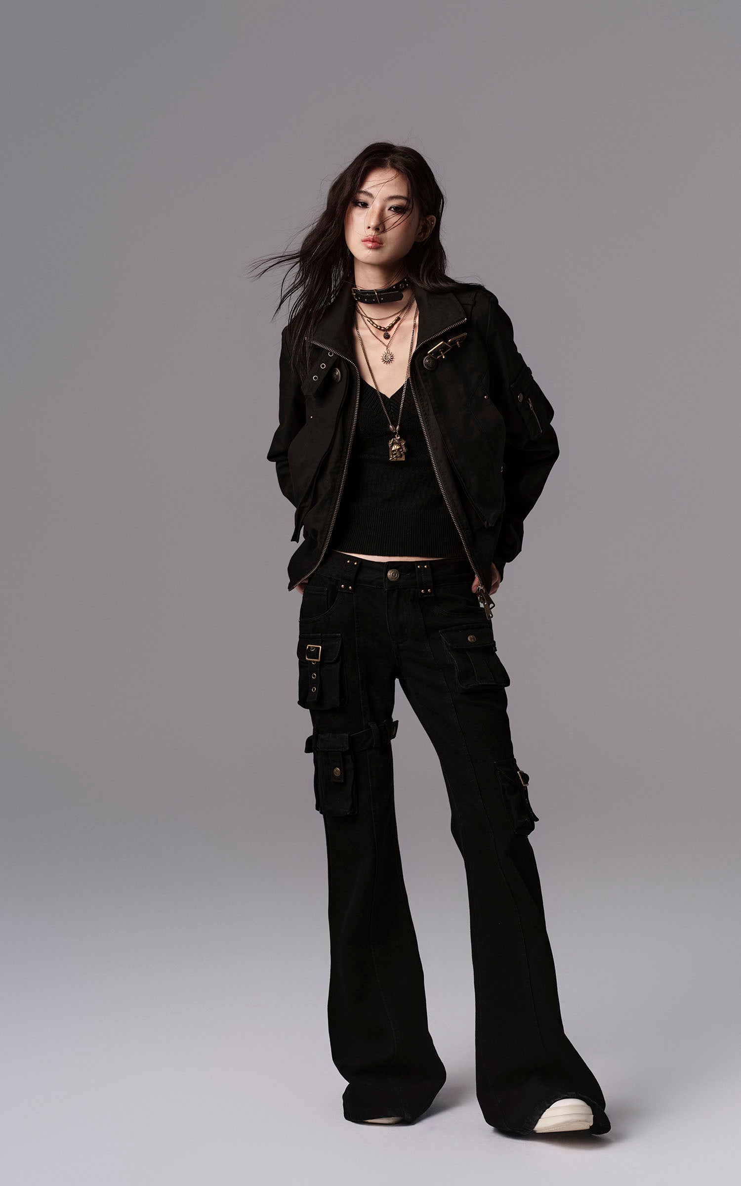 Low pixel ディープVスリムフィットテクスチャーニットロングスリーブトップ