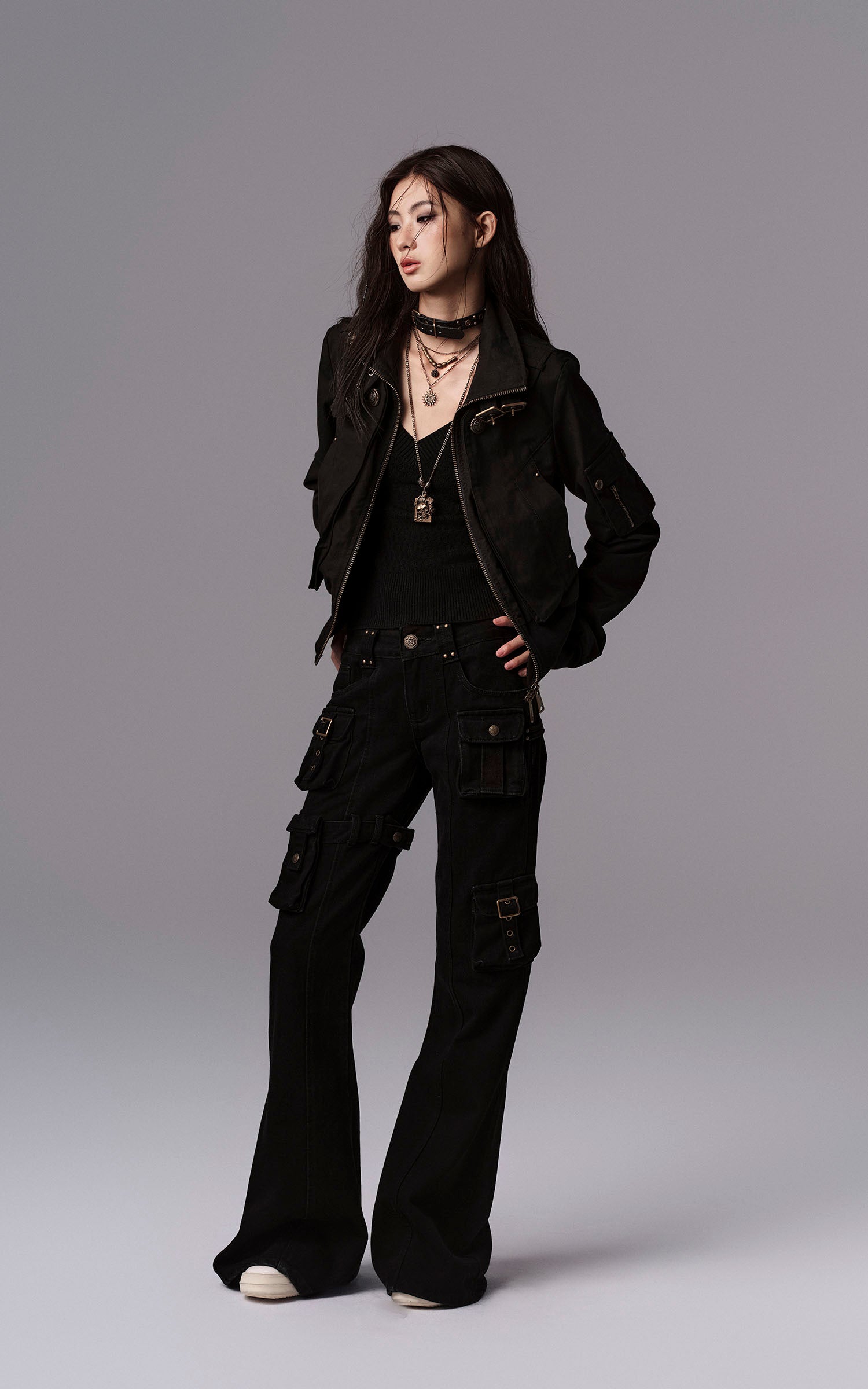 Low pixel Buckled Stand Collar Cropped Utility Jacket